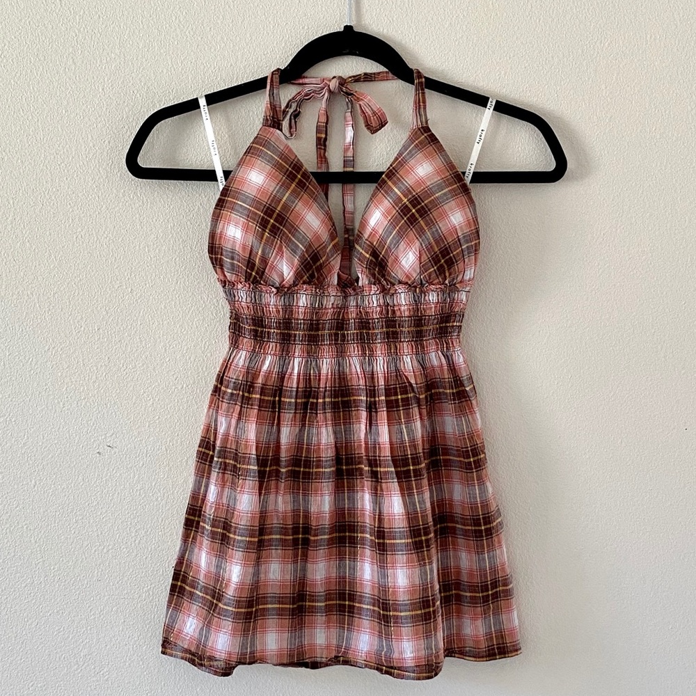 Krafty • Plaid Halterneck Tie Tank Top • Orange